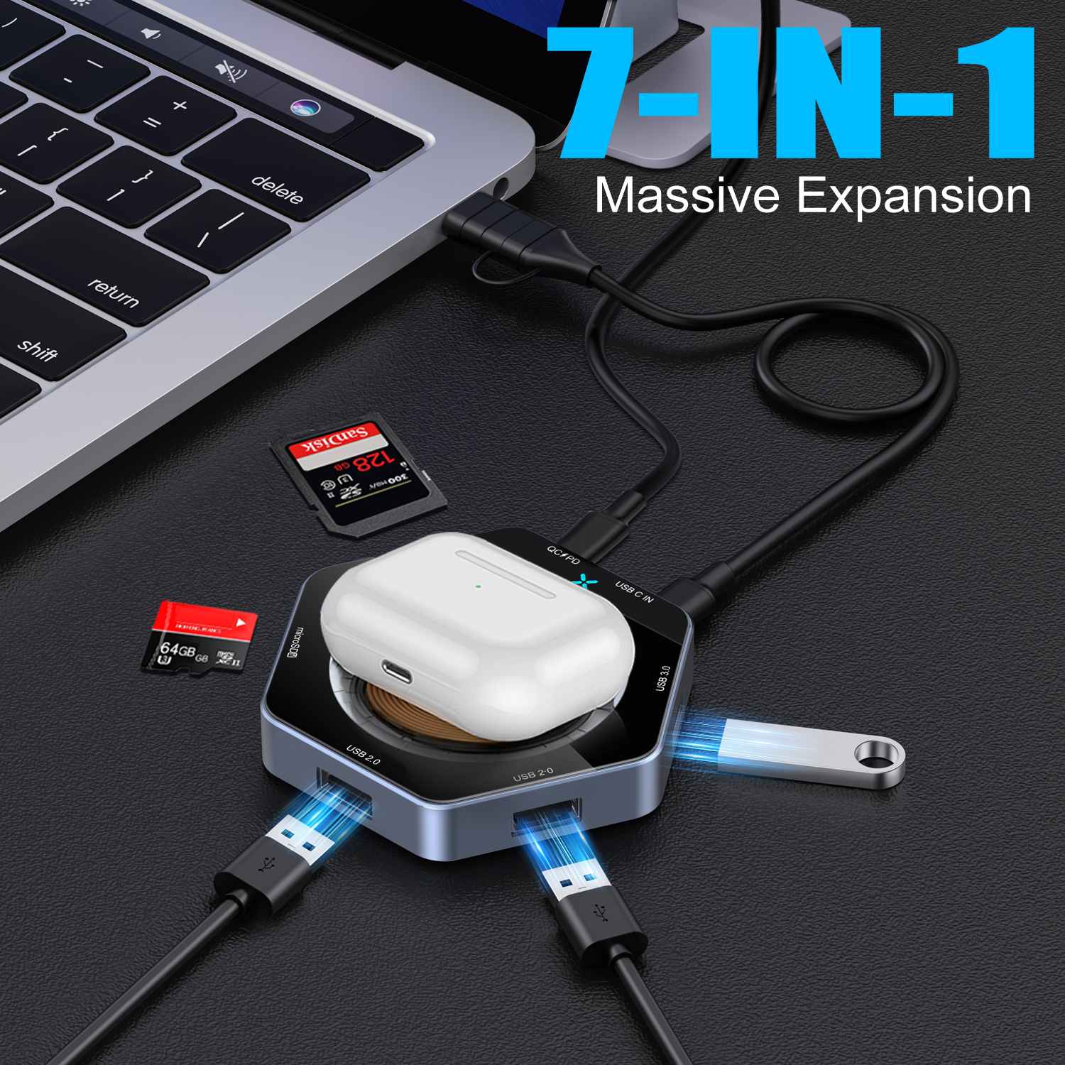 15W 빠른 충전 7 in1 USB 허브 도크 무선 충전기